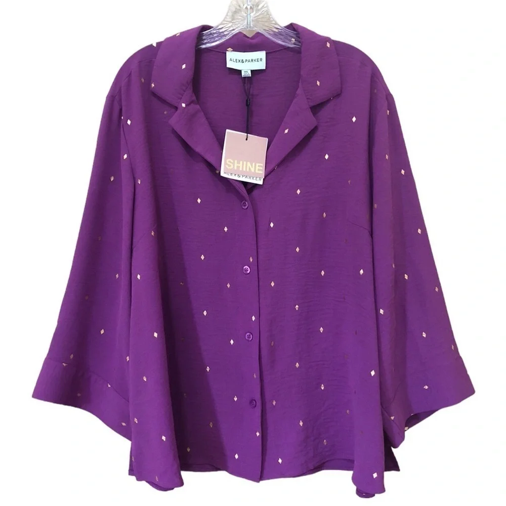 Alex & Parker Women’s Flowy Button Front Swing Top 1XL Purple Gold Accents NWT - Picture 3 of 12